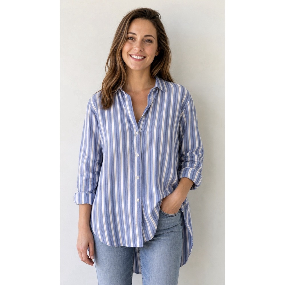 Frank & Eileen Grayson Striped Button Up Shirt Women M Blue White Italian Cotton